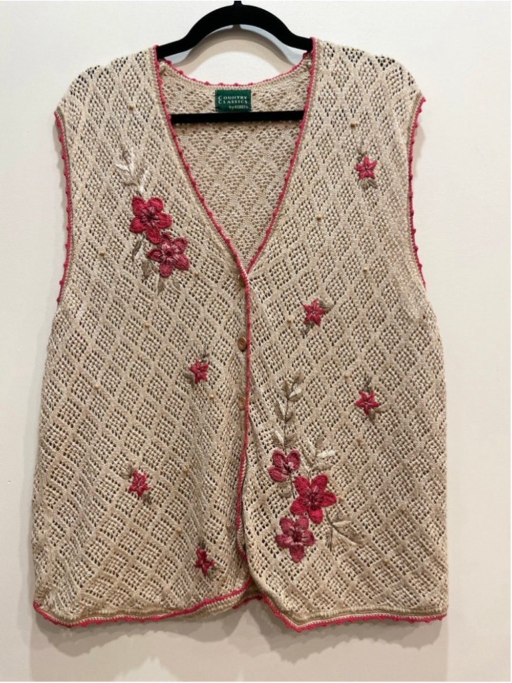Vintage Cotton Open Crochet Floral Knit Vest XL Cottagecore Grannie Retro
